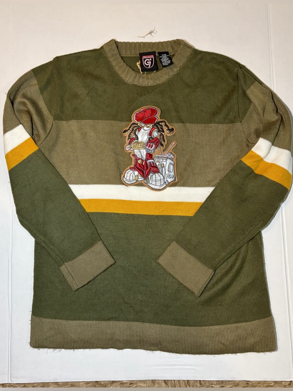 Vintage G7 Collection Olive Green Striped Crewneck Sweater with Embroidered Patc